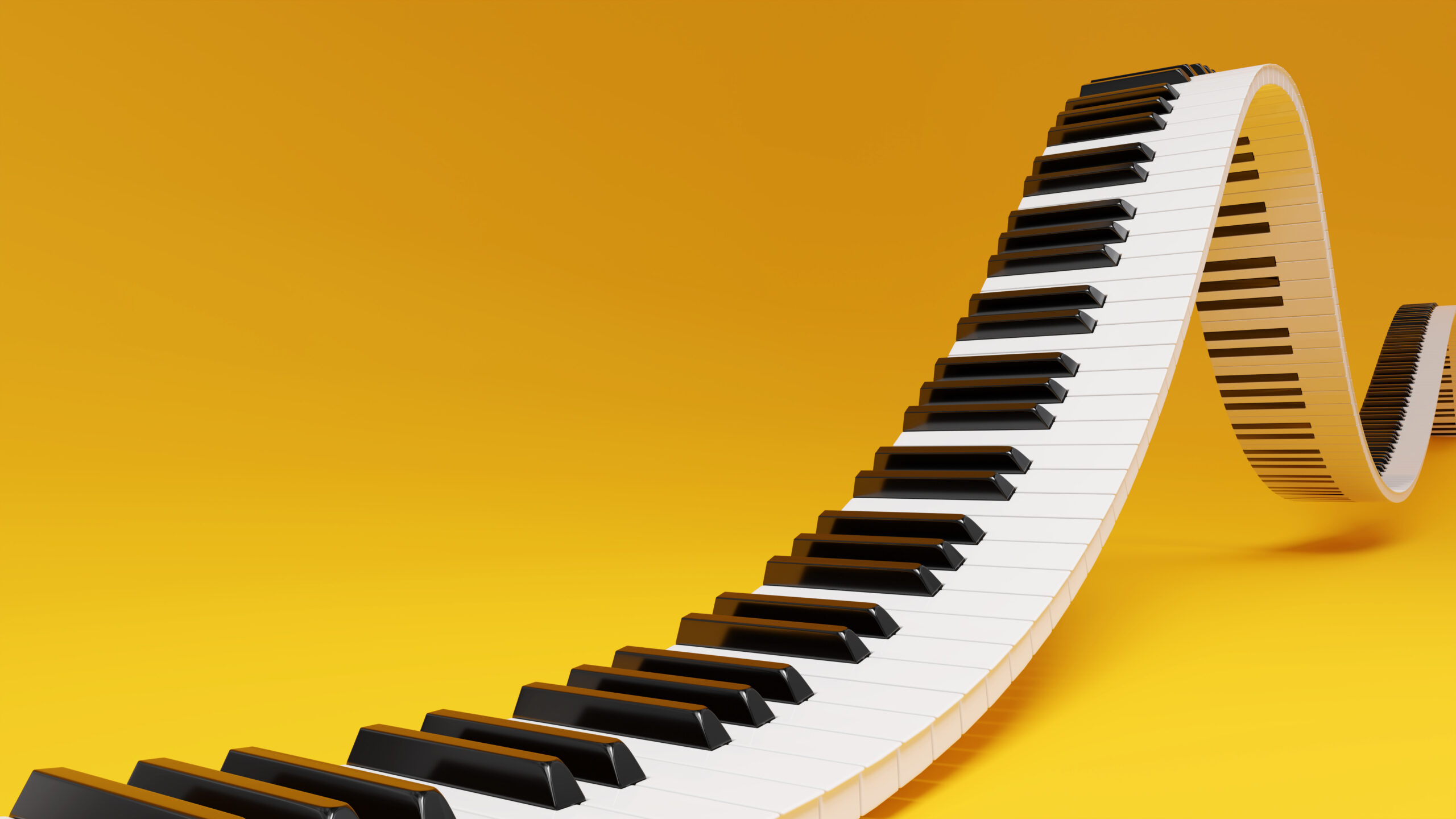 curved wavy grand piano keyboard on yellow background. abstract design for music banners. 3d rendering image.
